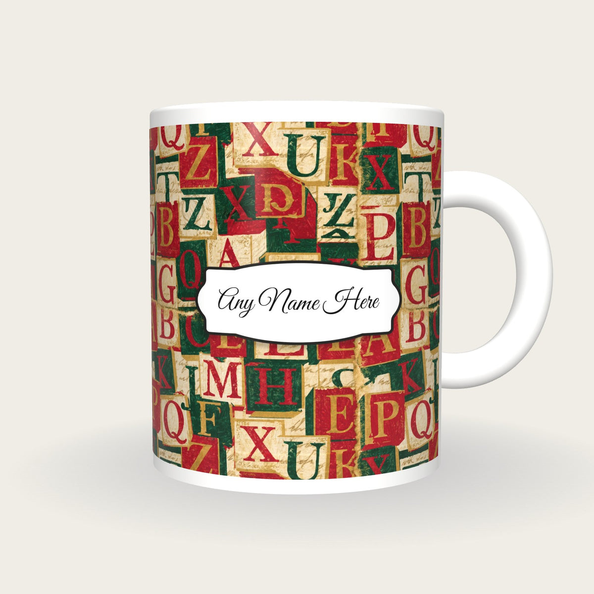 Torn Paper Alphabet Blocks Name Mug, front with the name label