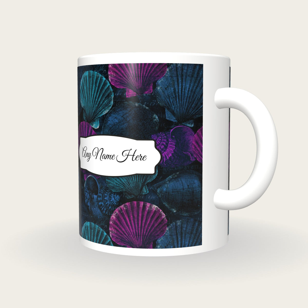 Engraving Shell Collection Name Mug, three-quarter view