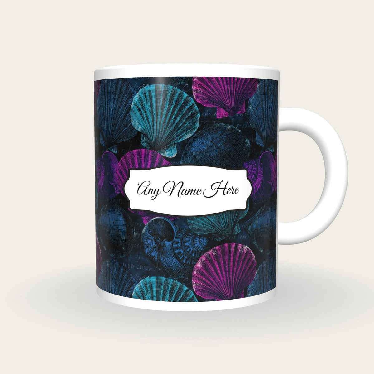 Engraving Shell Collection Name Mug, front with the name label