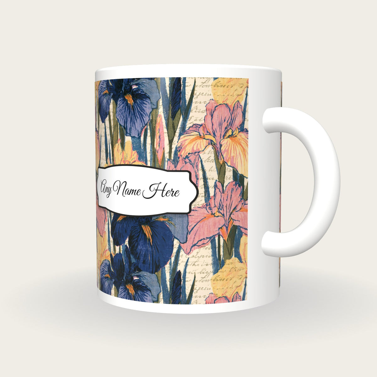 Moku Hanga Iris Shobu Name Mug, three-quarter view