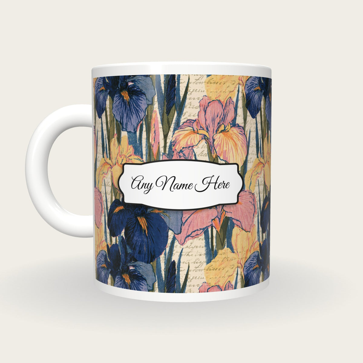Moku Hanga Iris Shobu Name Mug, back with the second name label