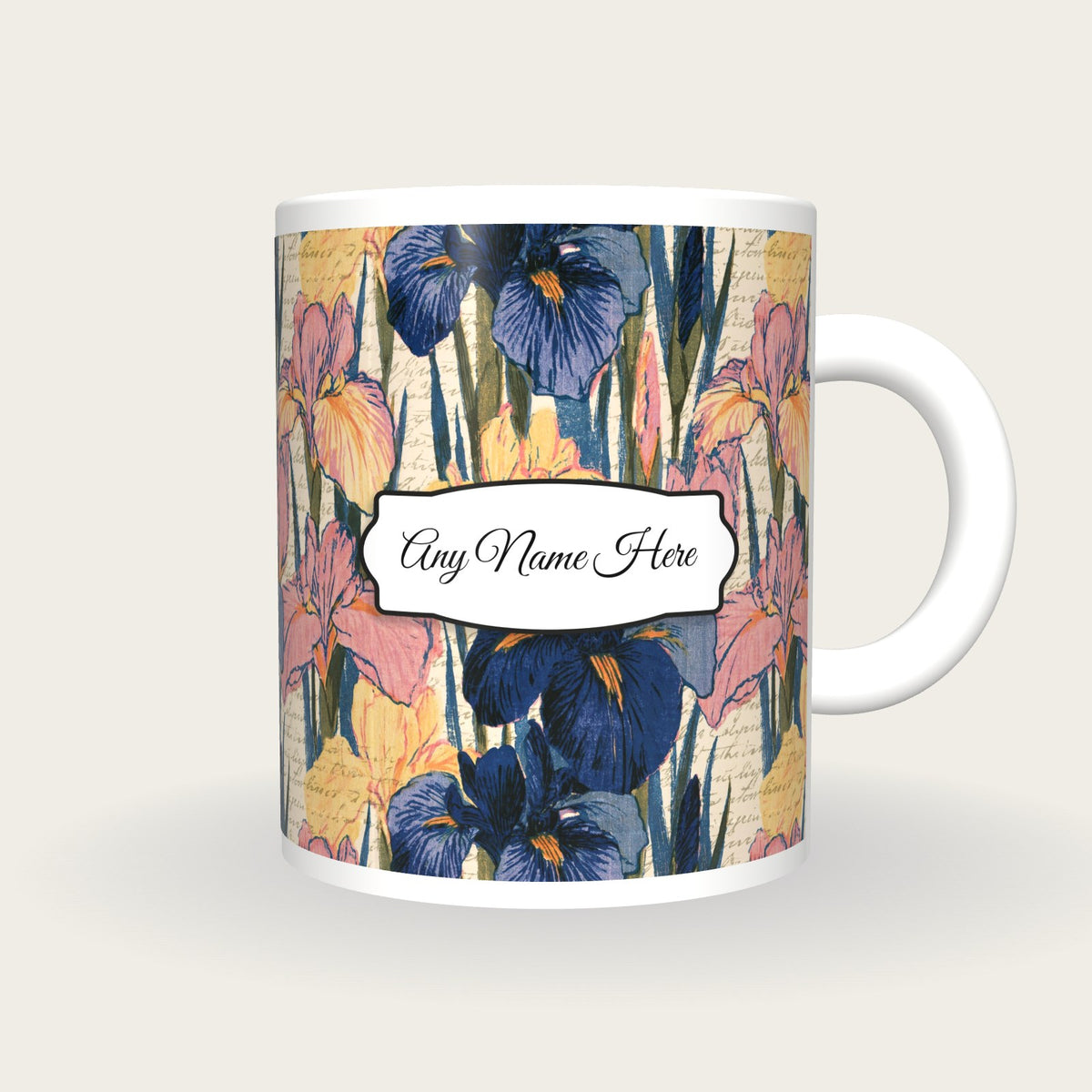 Moku Hanga Iris Shobu Name Mug, front with the name label