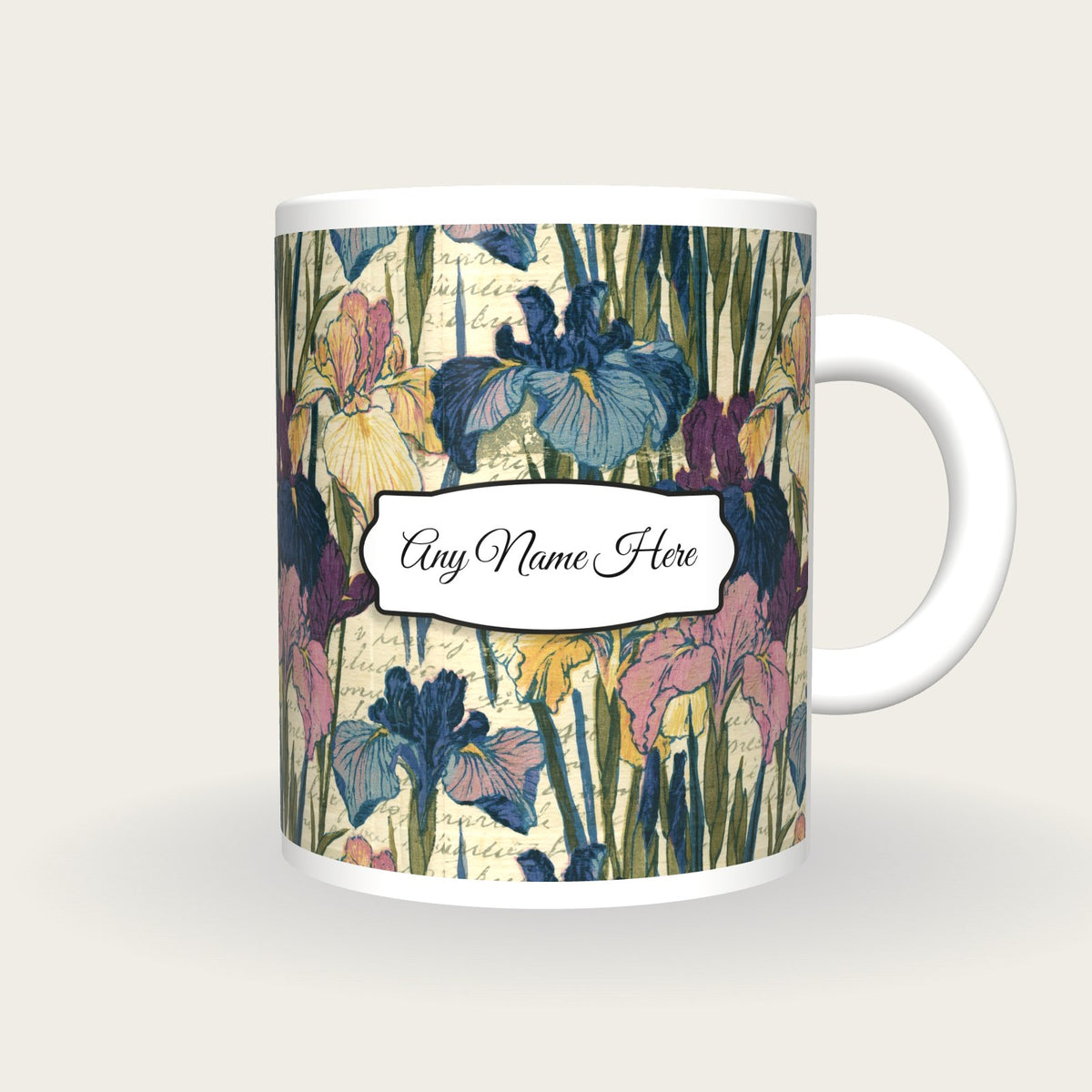 Moku Hanga Iris Shobu Name Mug 2, front with the name label