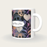 Woodcut Hearts Skulls Name Mug, three-quarter view