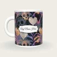 Woodcut Hearts Skulls Name Mug, back with the second name label
