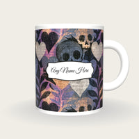 Woodcut Hearts Skulls Name Mug, front with the name label