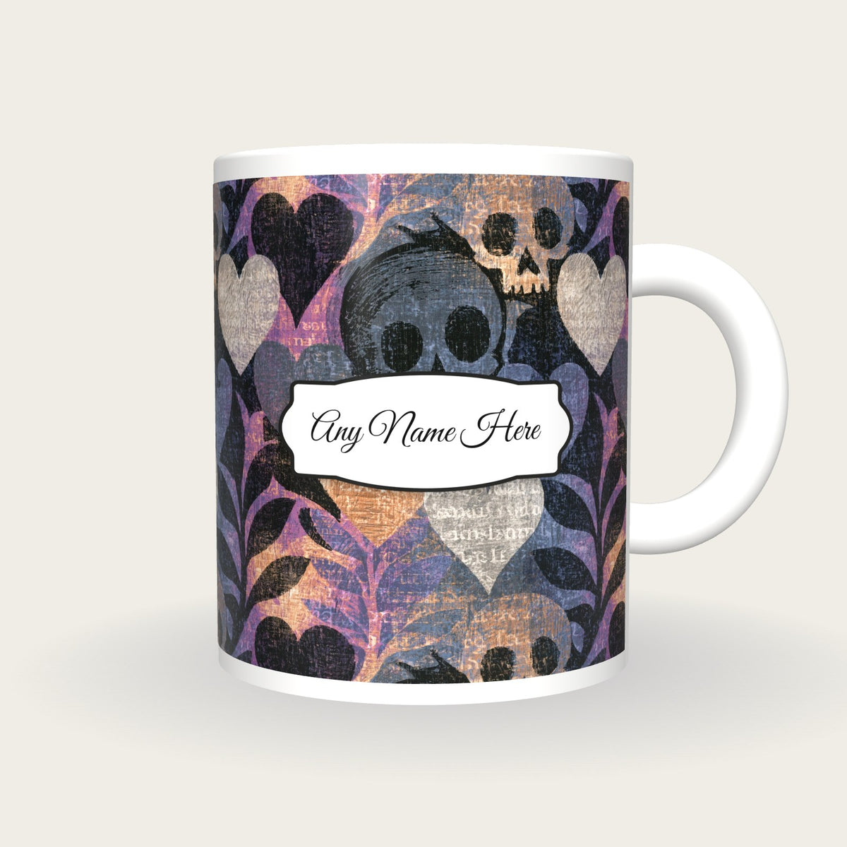 Woodcut Hearts Skulls Name Mug, front with the name label