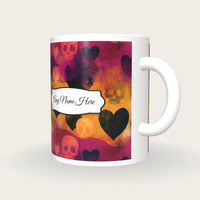Linocut Hearts Skulls Name Mug 2, three-quarter view