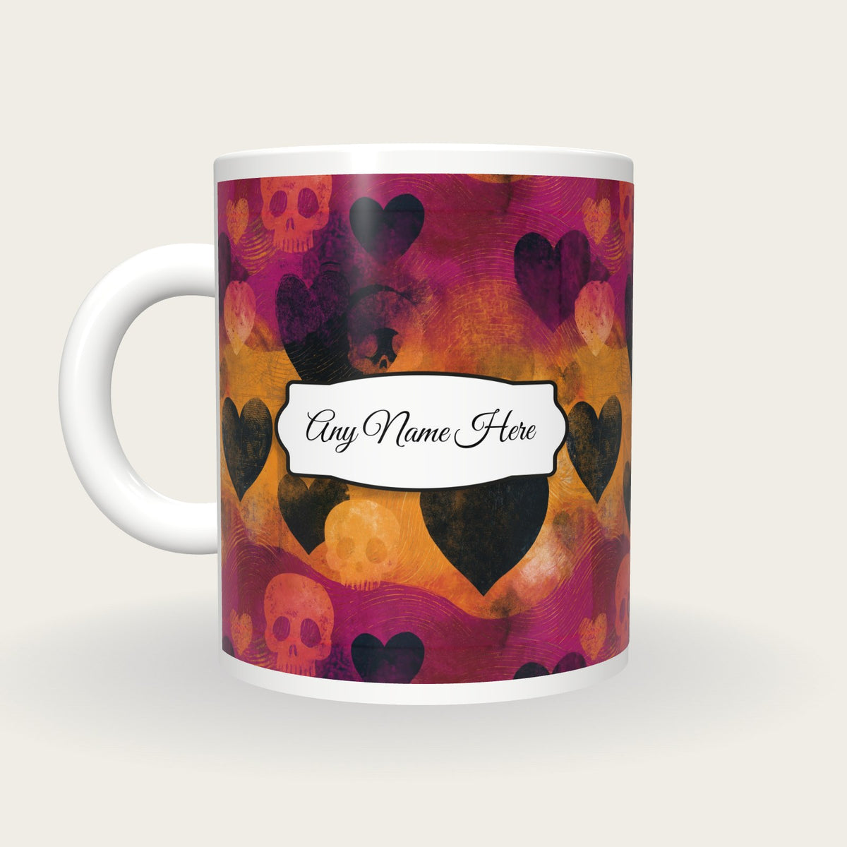 Linocut Hearts Skulls Name Mug 2, back with the second name label