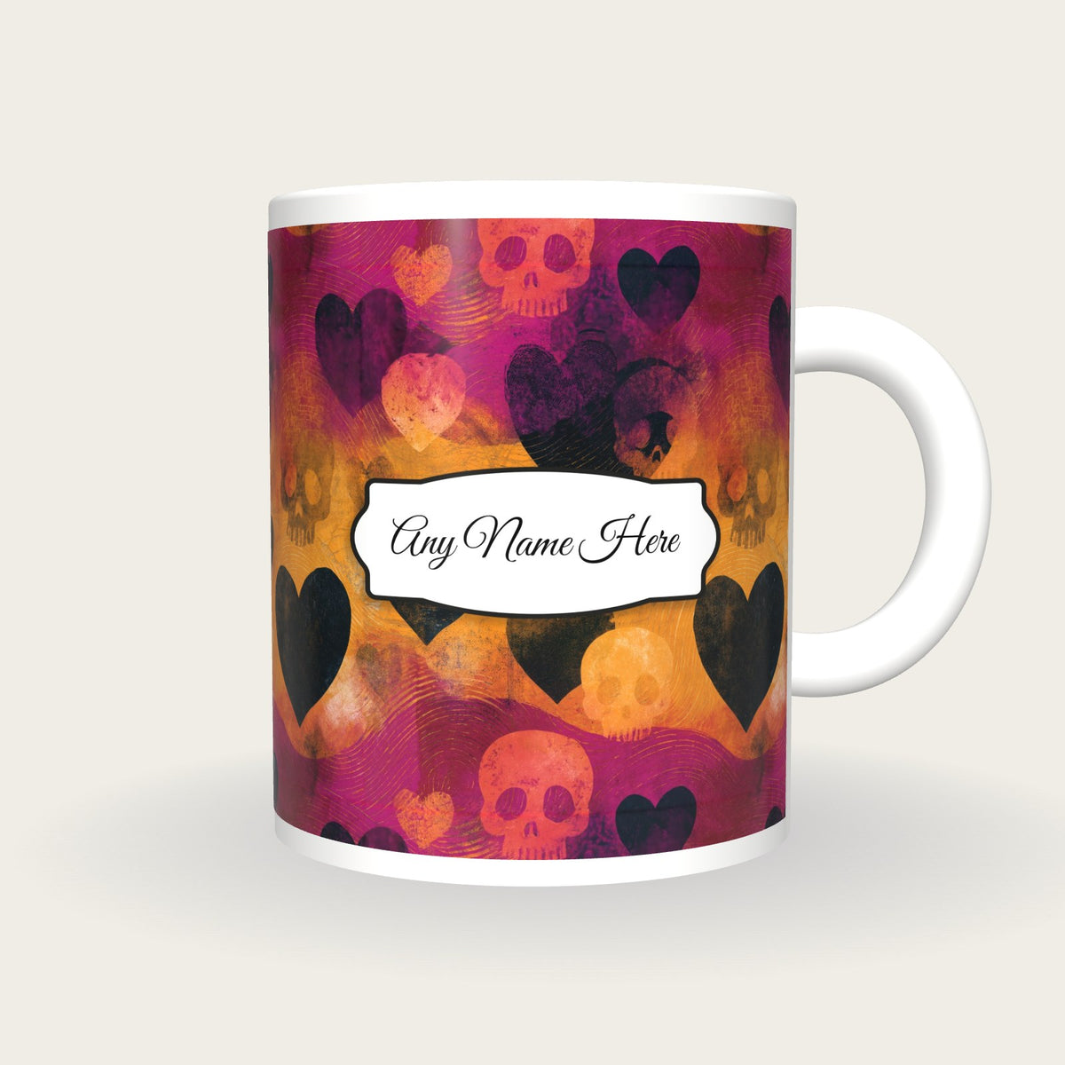 Linocut Hearts Skulls Name Mug 2, front with the name label