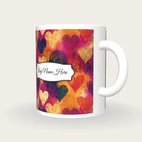 Linocut Hearts Skulls Name Mug 3, three-quarter view