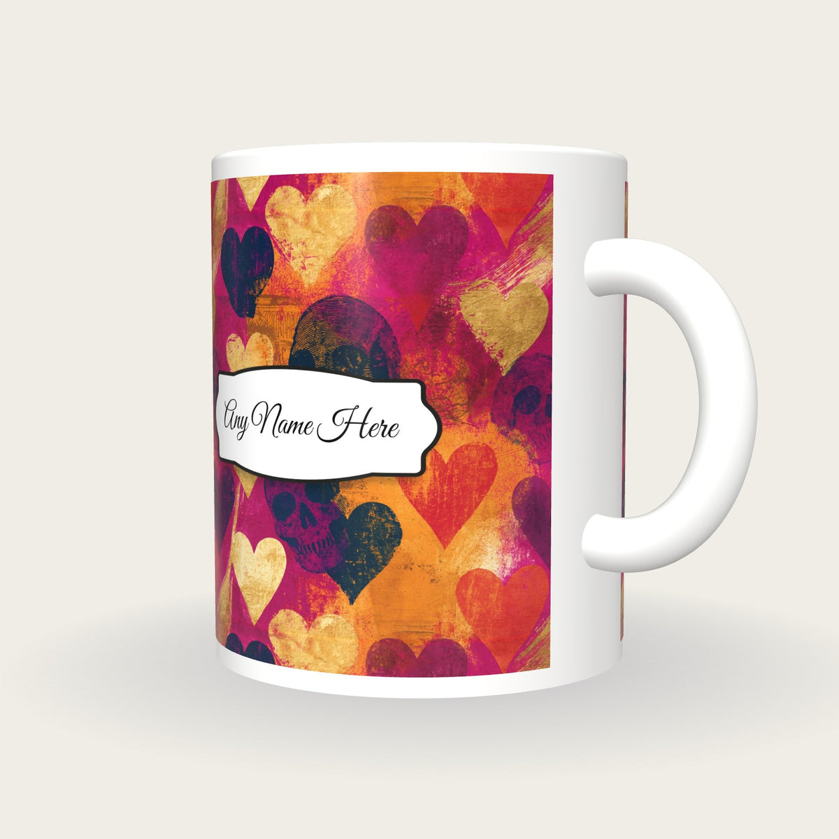 Linocut Hearts Skulls Name Mug 3, three-quarter view