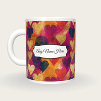 Linocut Hearts Skulls Name Mug 3, back with the second name label