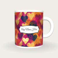 Linocut Hearts Skulls Name Mug 3, front with the name label