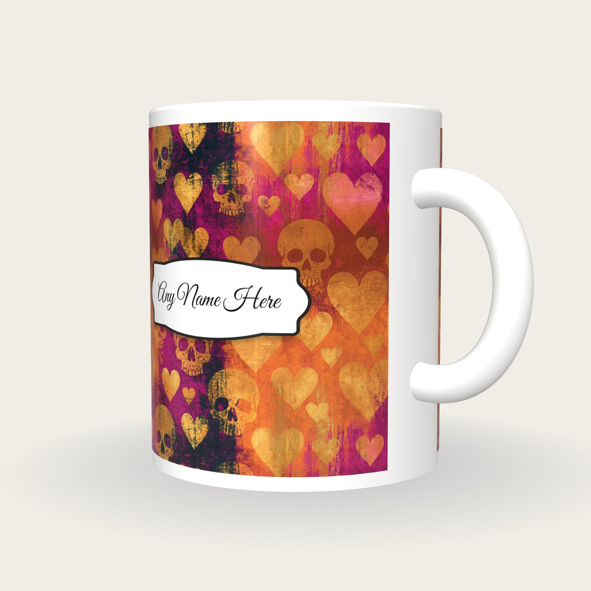 Linocut Hearts Skulls Name Mug 4, three-quarter view