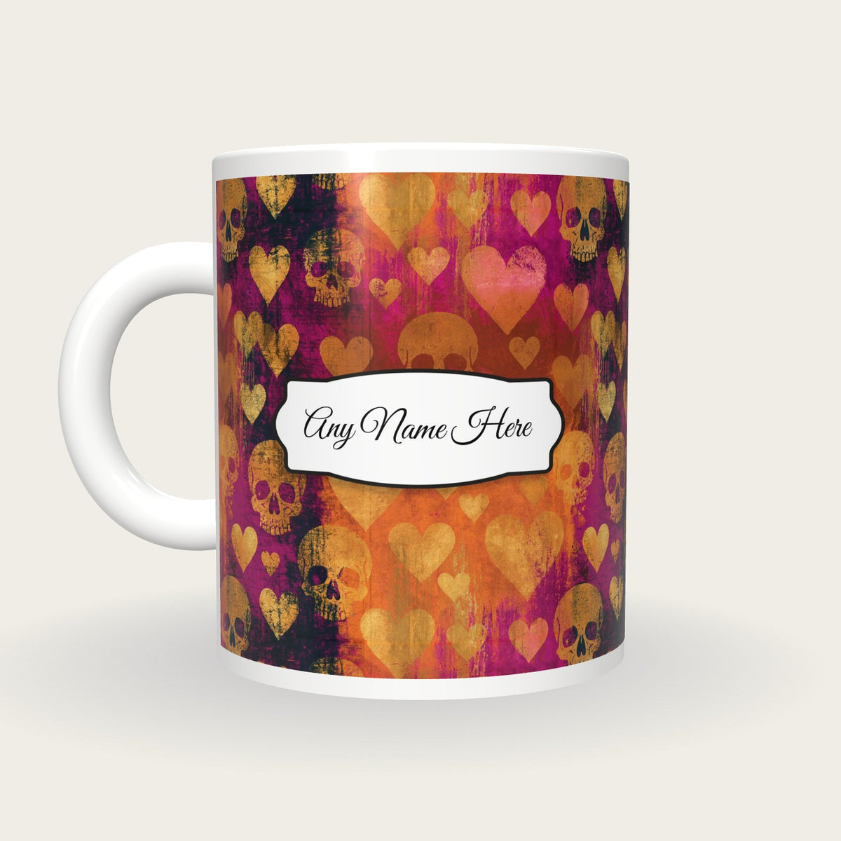 Linocut Hearts Skulls Name Mug 4, back with the second name label