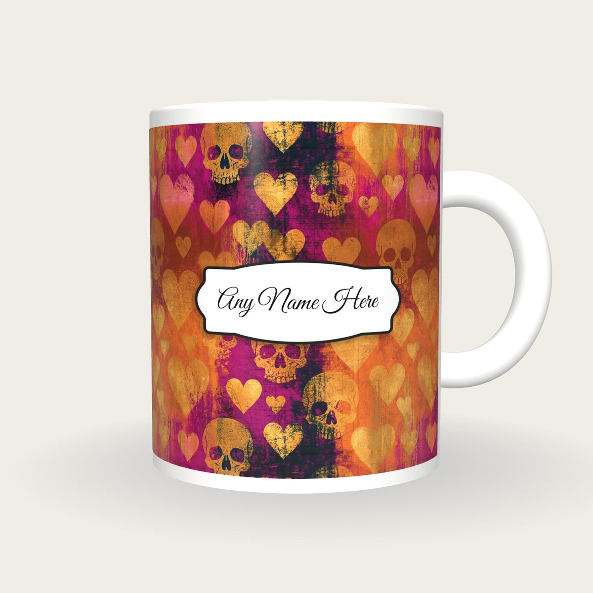 Linocut Hearts Skulls Name Mug 4, front with the name label