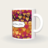 Linocut Hearts Skulls Name Mug, three-quarter view