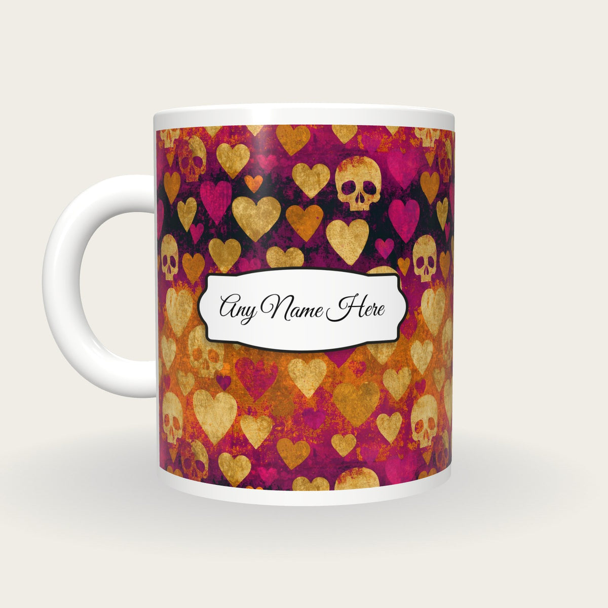 Linocut Hearts Skulls Name Mug, back with the second name label
