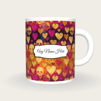 Linocut Hearts Skulls Name Mug, front with the name label