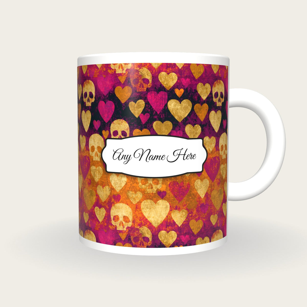 Linocut Hearts Skulls Name Mug, front with the name label