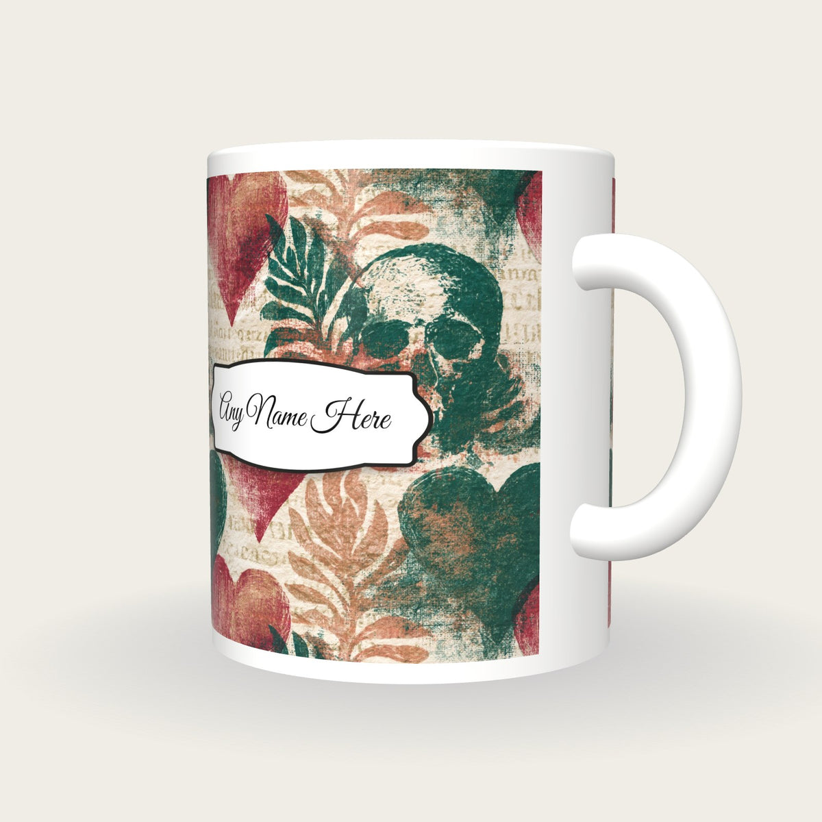 Lithograph Hearts Skulls Name Mug, three-quarter view