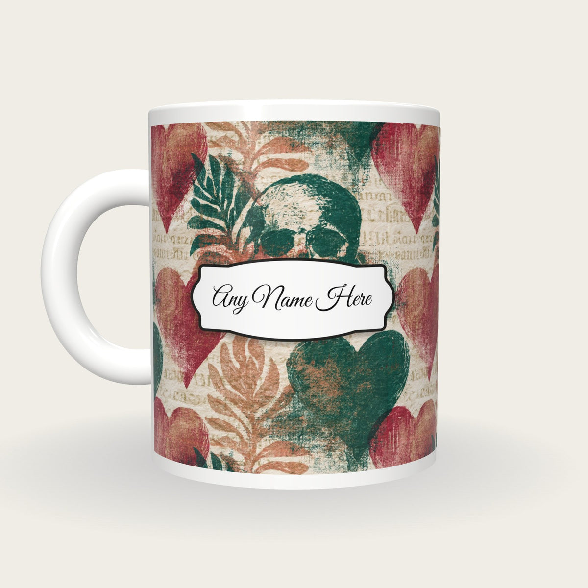 Lithograph Hearts Skulls Name Mug, back with the second name label