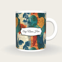 Monoprint Hearts Skulls Name Mug, front with the name label