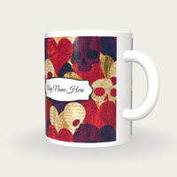 Woodcut Hearts Skulls Name Mug 2, three-quarter view