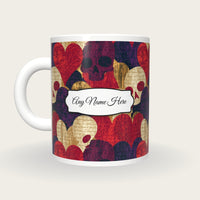Woodcut Hearts Skulls Name Mug 2, back with the second name label