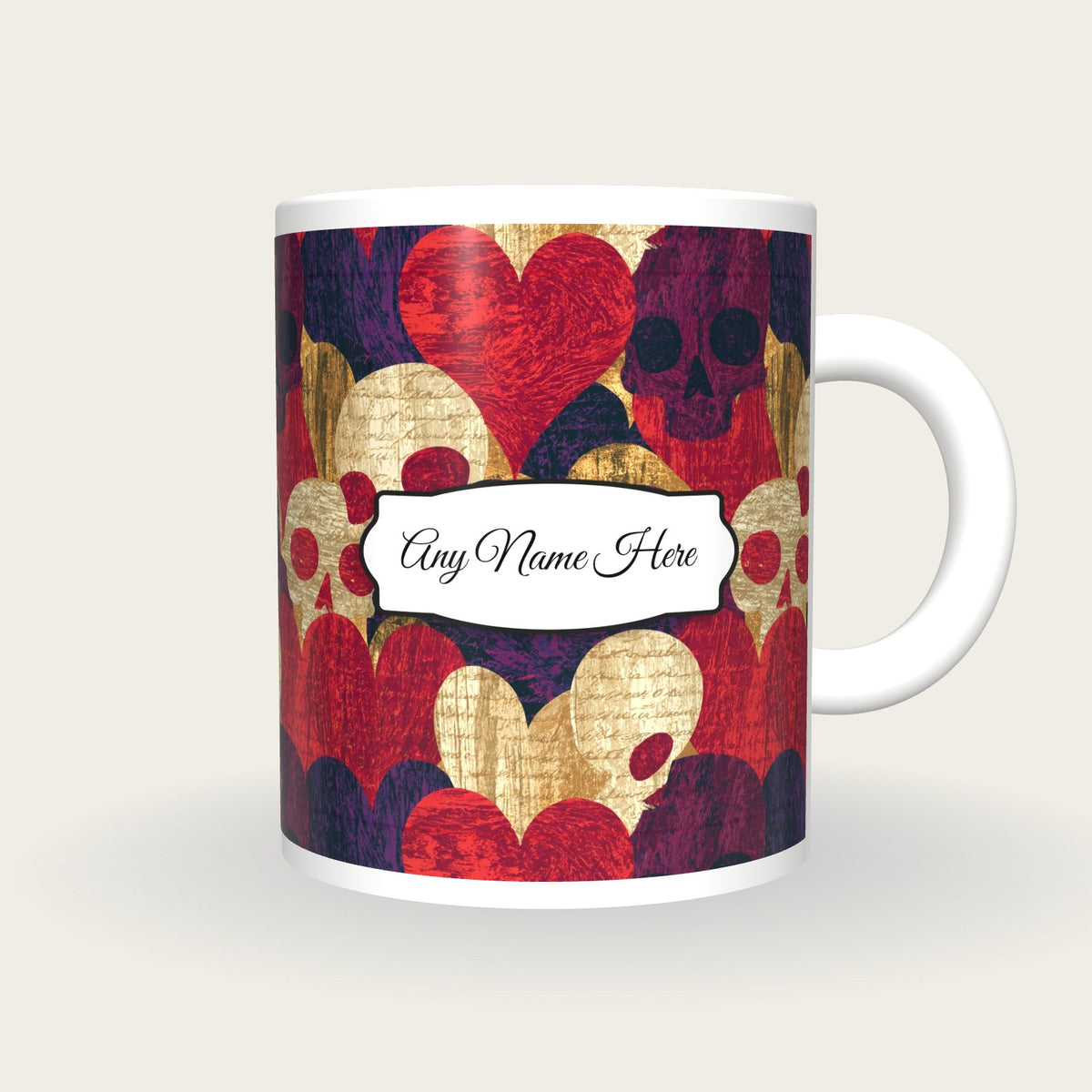 Woodcut Hearts Skulls Name Mug 2, front with the name label