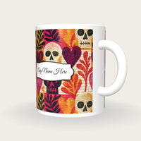 Woodcut Hearts Skulls Name Mug 3, three-quarter view