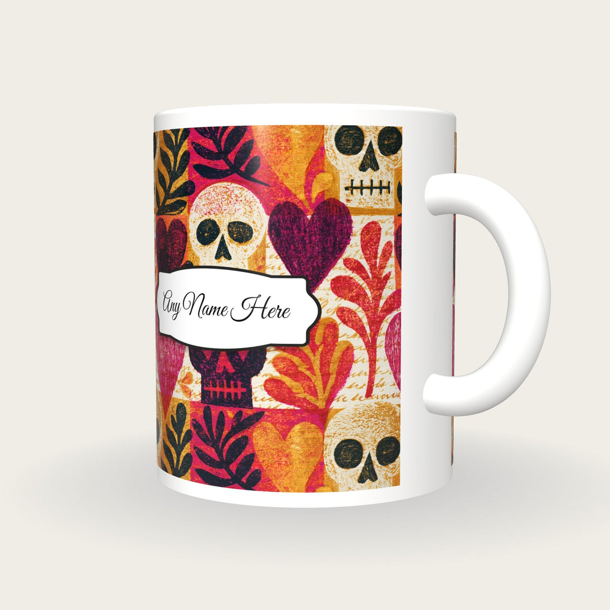 Woodcut Hearts Skulls Name Mug 3, three-quarter view