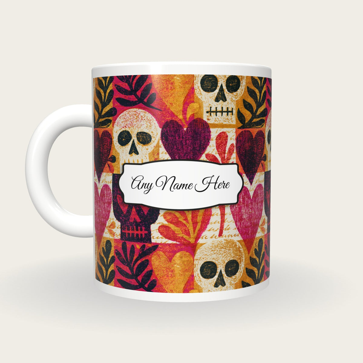 Woodcut Hearts Skulls Name Mug 3, back with the second name label