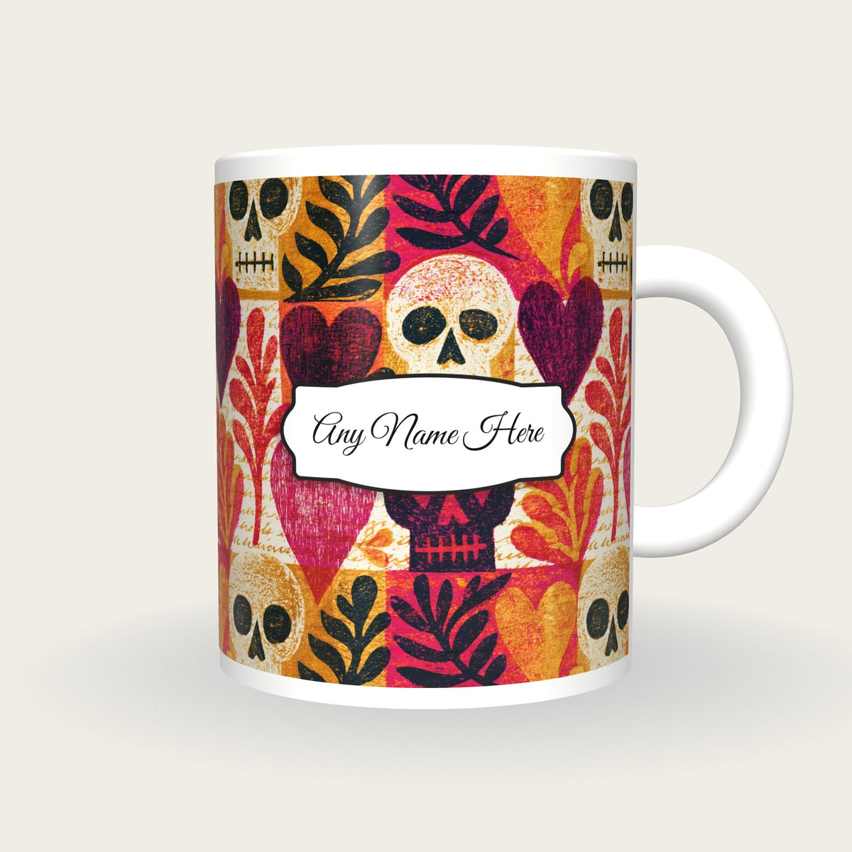 Woodcut Hearts Skulls Name Mug 3, front with the name label