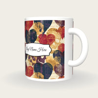 Woodcut Hearts Skulls Name Mug 4, three-quarter view