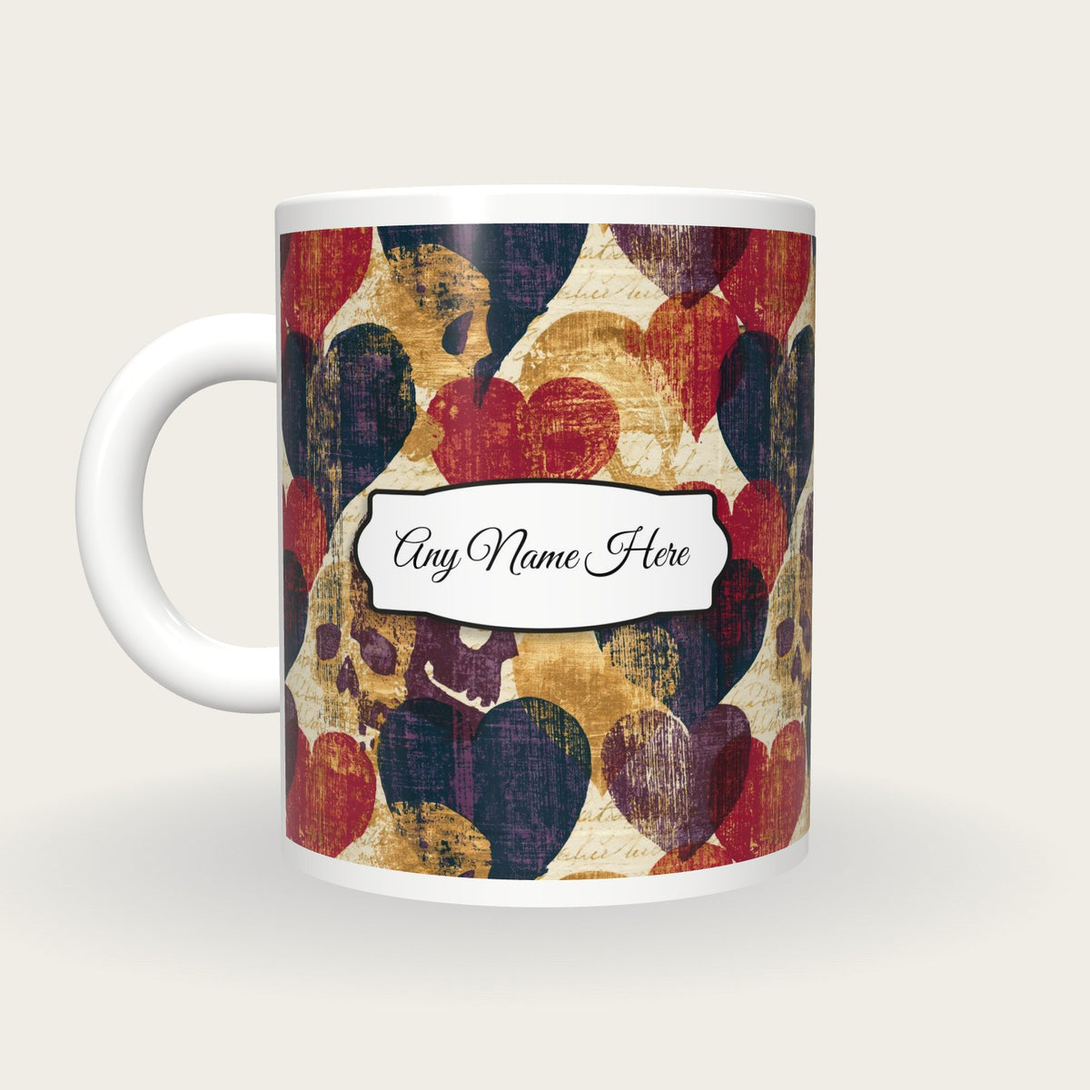 Woodcut Hearts Skulls Name Mug 4, back with the second name label