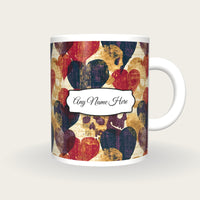 Woodcut Hearts Skulls Name Mug 4, front with the name label