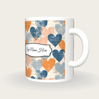 Linocut Hearts Name Mug, three-quarter view