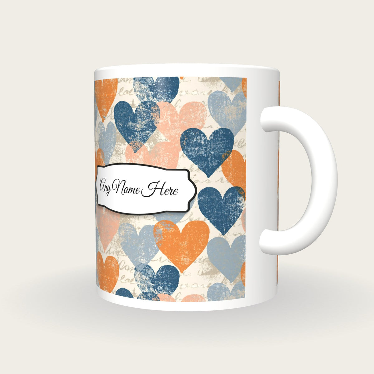 Linocut Hearts Name Mug, three-quarter view