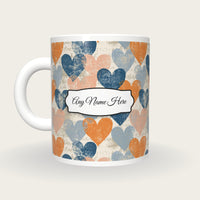 Linocut Hearts Name Mug, back with the second name label