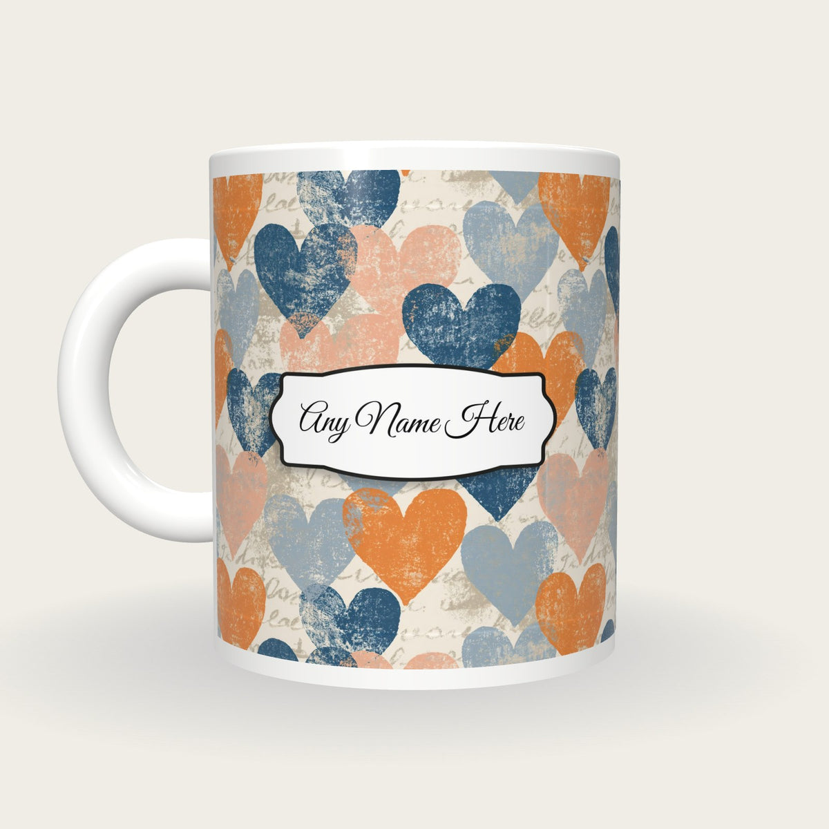 Linocut Hearts Name Mug, back with the second name label