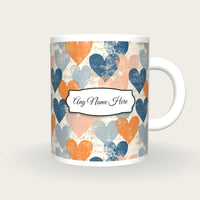 Linocut Hearts Name Mug, front with the name label