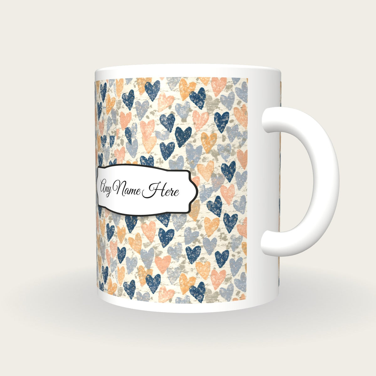 Linocut Hearts Name Mug 2, three-quarter view