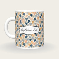 Linocut Hearts Name Mug 2, back with the second name label