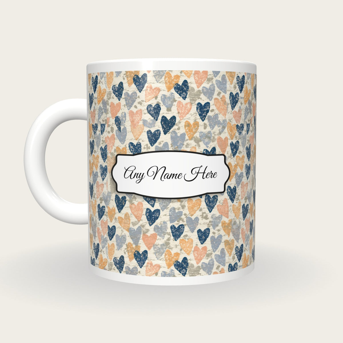 Linocut Hearts Name Mug 2, back with the second name label
