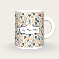 Linocut Hearts Name Mug 2, front with the name label