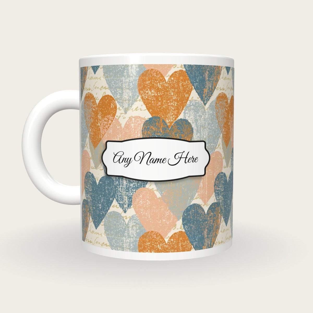 Linocut Hearts Name Mug 3, back with the second name label