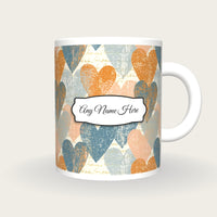 Linocut Hearts Name Mug 3, front with the name label