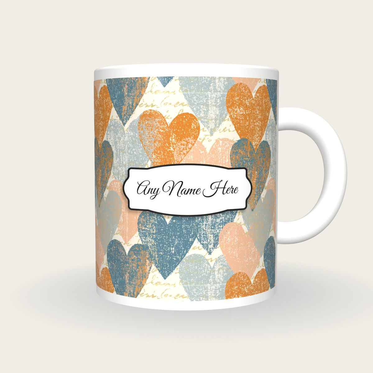 Linocut Hearts Name Mug 3, front with the name label